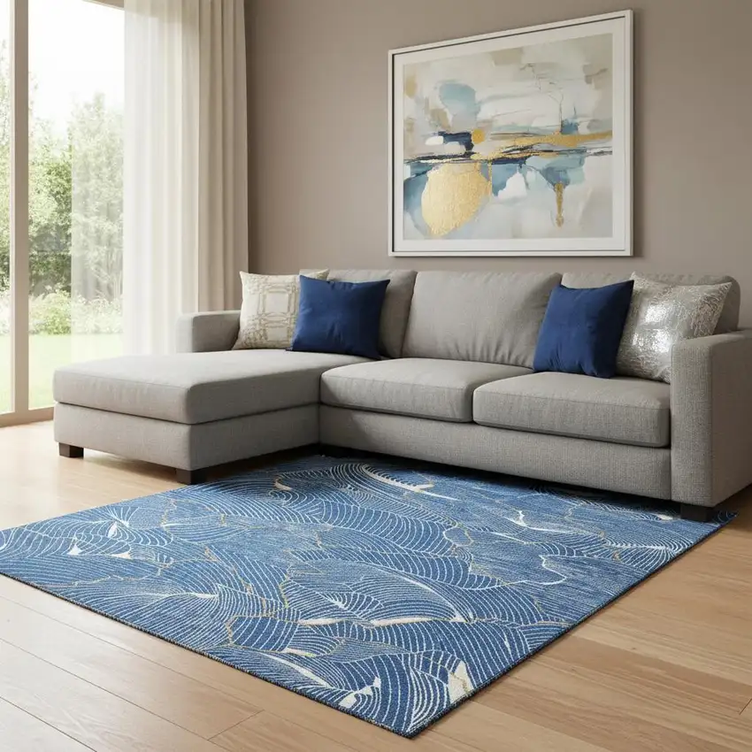 Blue Ivory And Gold Abstract Washable Area Rug With UV Protection Photo 2