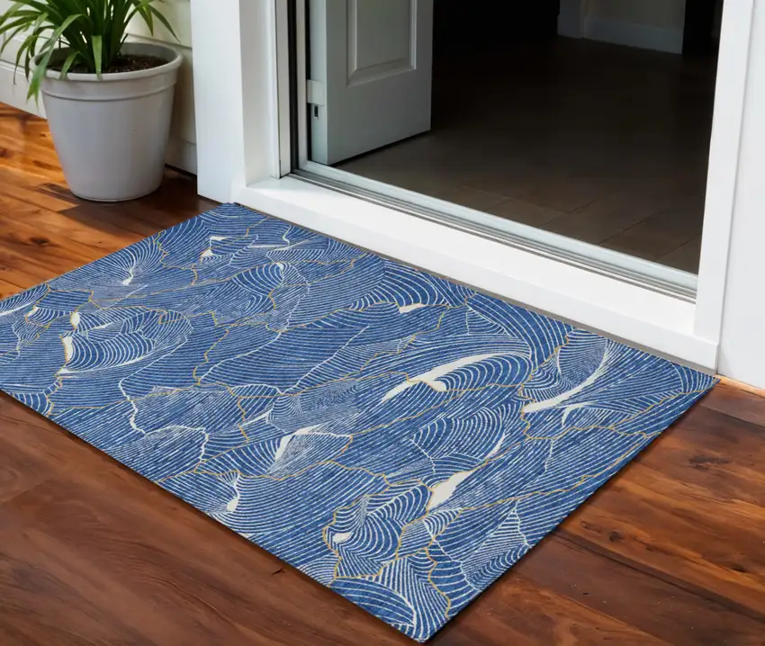 Blue Ivory And Gold Abstract Washable Indoor Outdoor Area Rug Photo 1