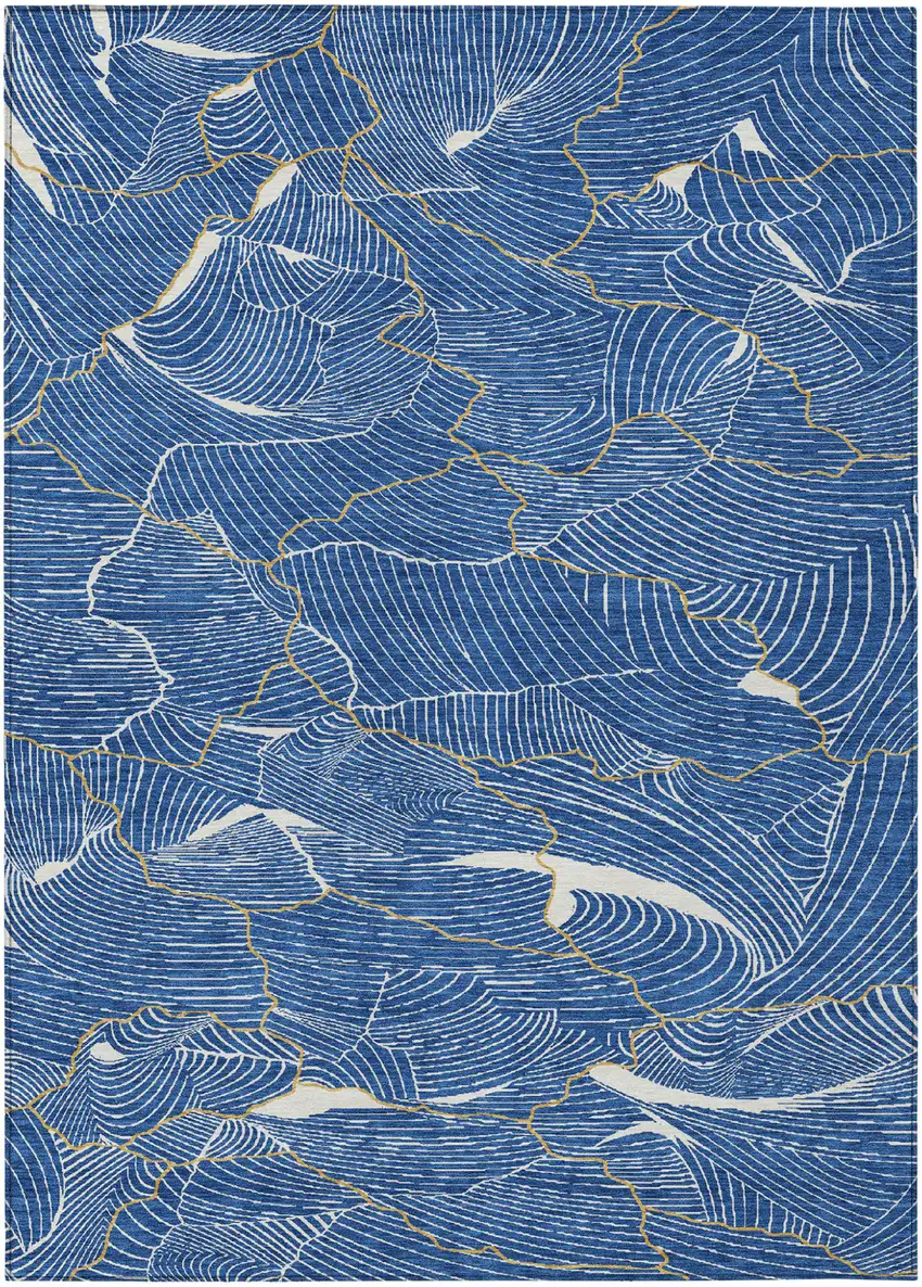 Blue Ivory And Gold Abstract Washable Indoor Outdoor Area Rug Photo 2