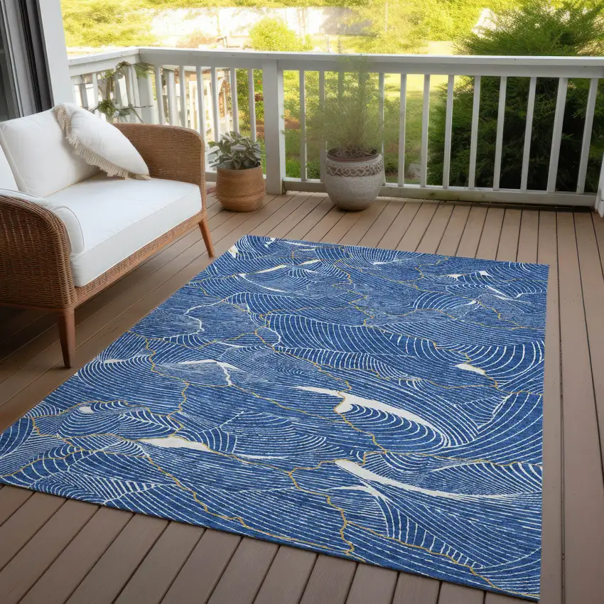 Blue Ivory And Gold Abstract Washable Indoor Outdoor Area Rug Photo 8