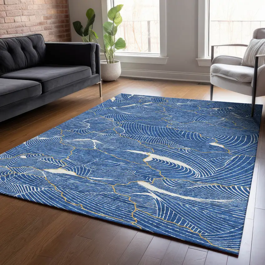 Blue Ivory And Gold Abstract Washable Indoor Outdoor Area Rug Photo 9