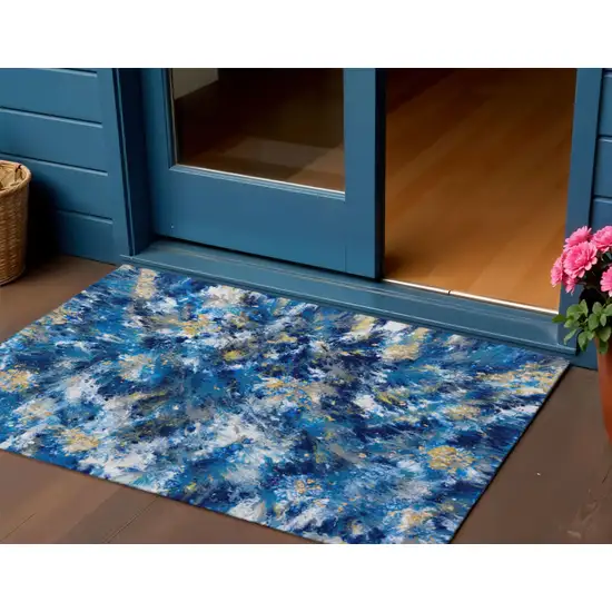 Blue Ivory And Gold Abstract Washable Indoor Outdoor Area Rug Photo 1