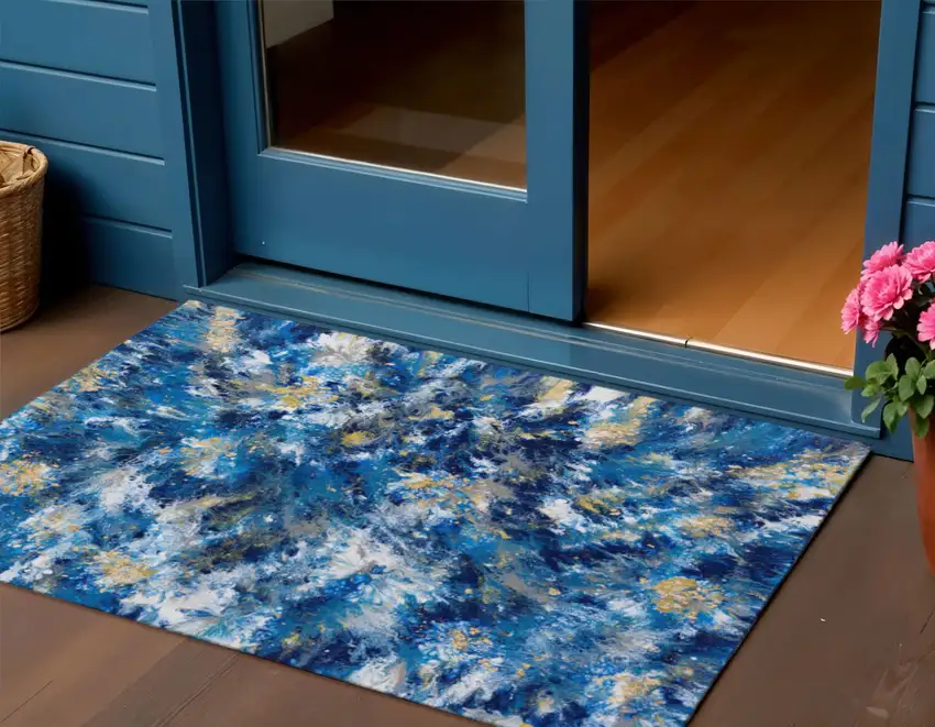 Blue Ivory And Gold Abstract Washable Indoor Outdoor Area Rug Photo 1