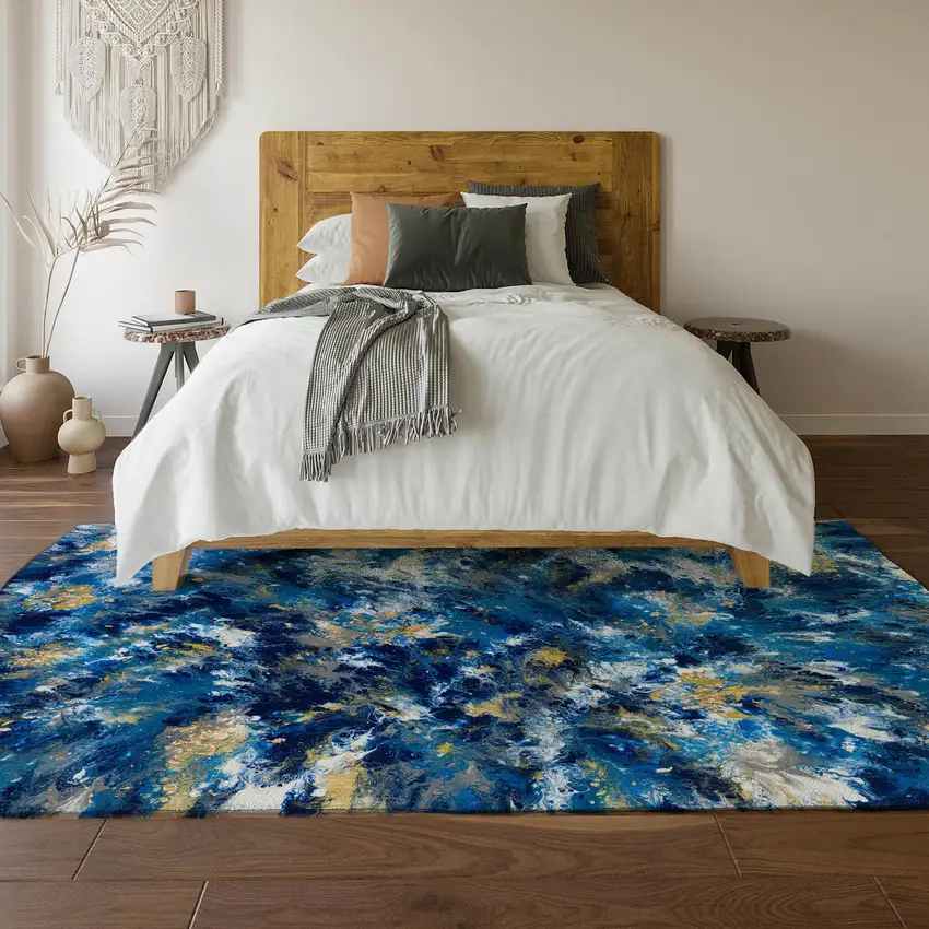 Blue Ivory And Gold Abstract Washable Indoor Outdoor Area Rug Photo 6