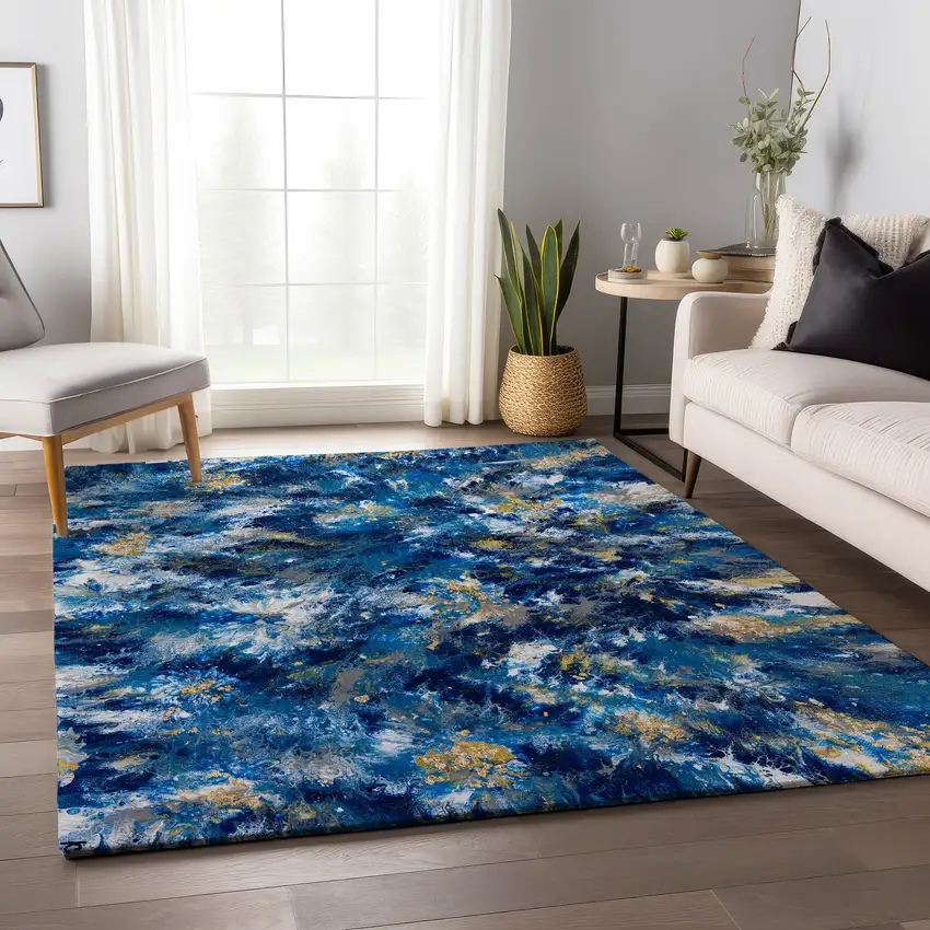 Blue Ivory And Gold Abstract Washable Indoor Outdoor Area Rug Photo 5