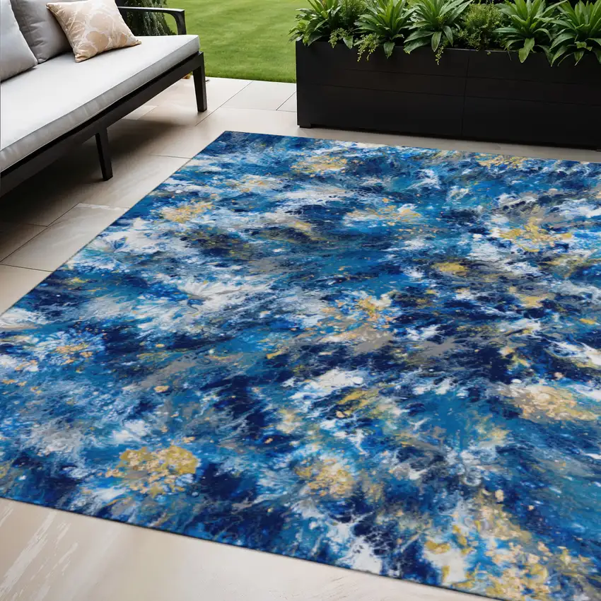 Blue Ivory And Gold Abstract Washable Indoor Outdoor Area Rug Photo 2