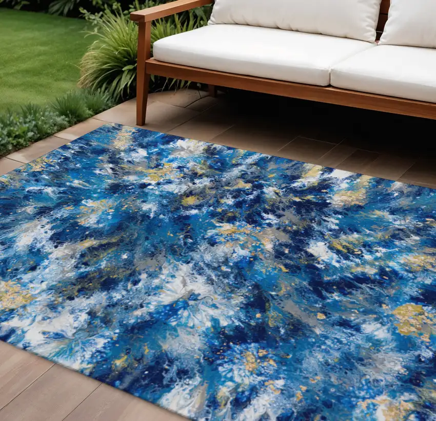 Blue Ivory And Gold Abstract Washable Indoor Outdoor Area Rug Photo 1