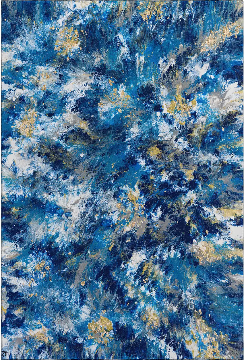 Blue Ivory And Gold Abstract Washable Indoor Outdoor Area Rug Photo 2