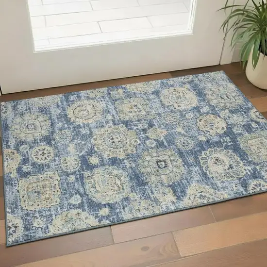 Blue Ivory And Gold Floral Washable Area Rug With UV Protection Photo 1