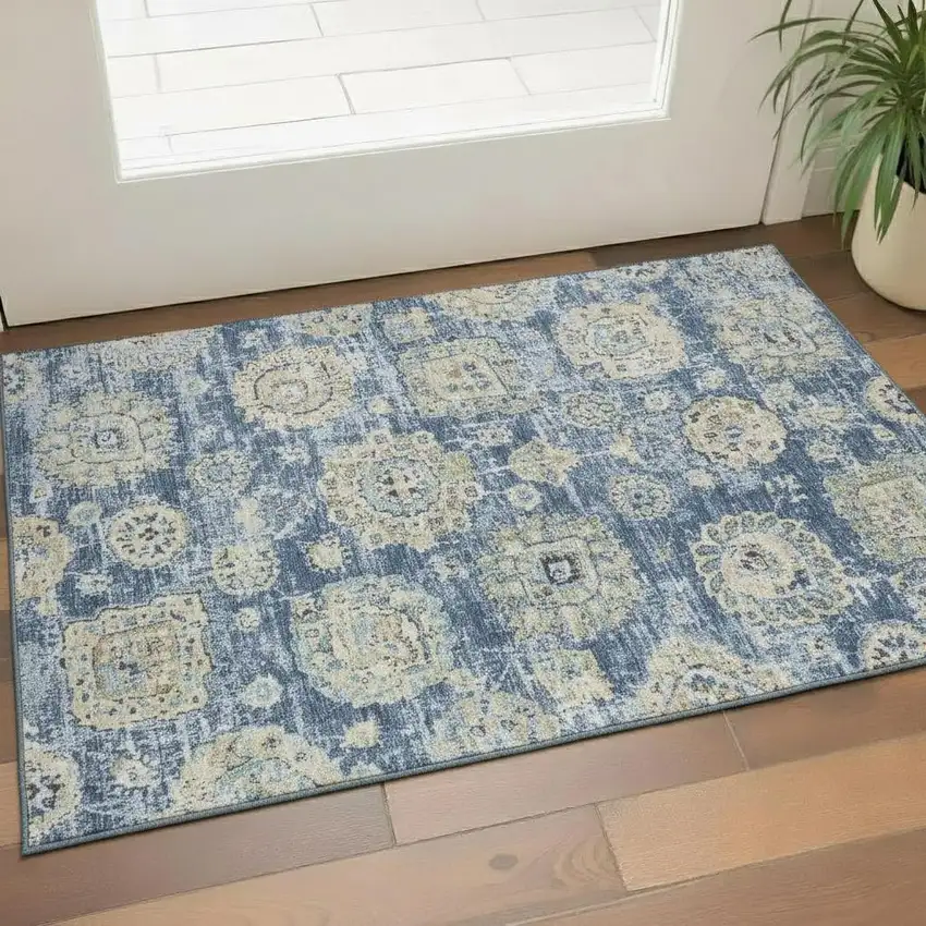 Blue Ivory And Gold Floral Washable Area Rug With UV Protection Photo 1