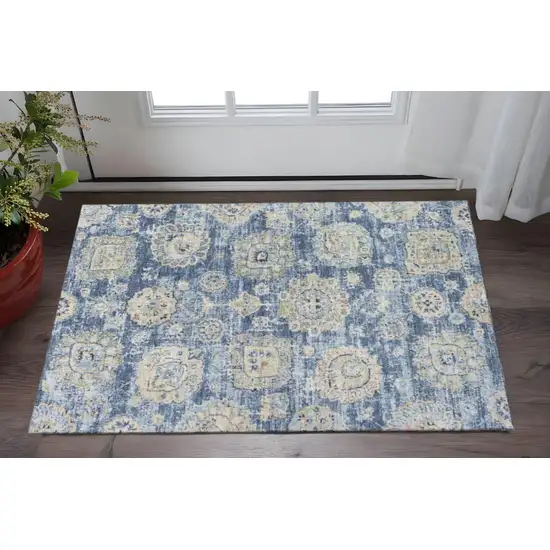 Blue Ivory And Gold Floral Washable Area Rug With UV Protection Photo 2