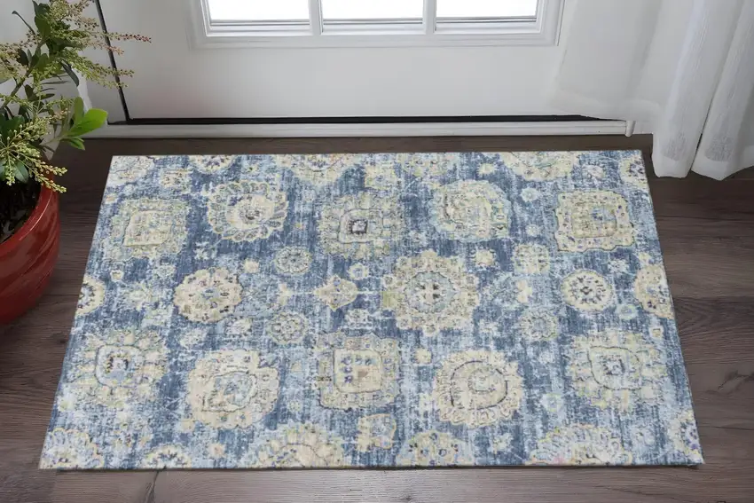 Blue Ivory And Gold Floral Washable Area Rug With UV Protection Photo 2