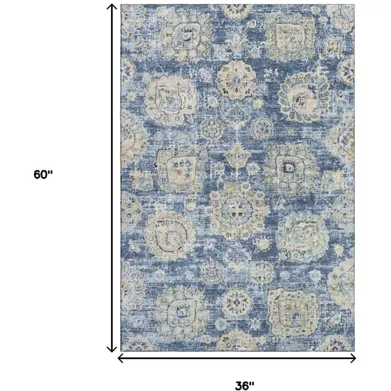 Blue Ivory And Gold Floral Washable Area Rug With UV Protection Photo 3