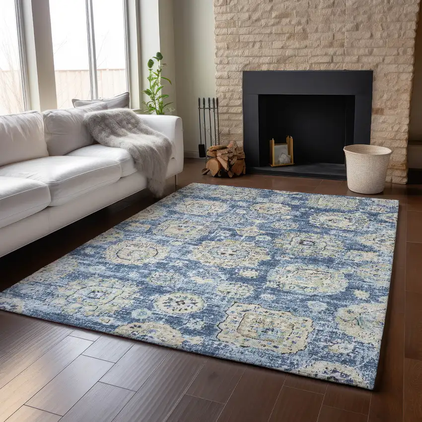 Blue Ivory And Gold Floral Washable Area Rug With UV Protection Photo 5
