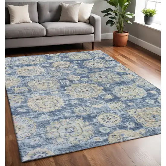 Blue Ivory And Gold Floral Washable Area Rug With UV Protection Photo 2
