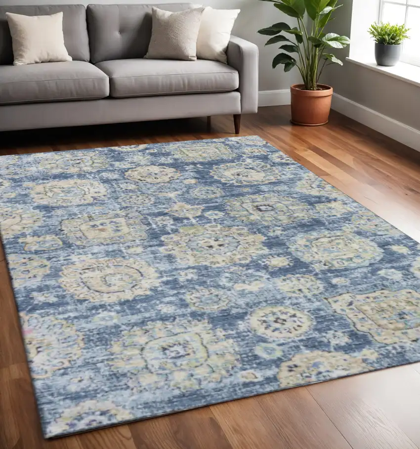 Blue Ivory And Gold Floral Washable Area Rug With UV Protection Photo 2