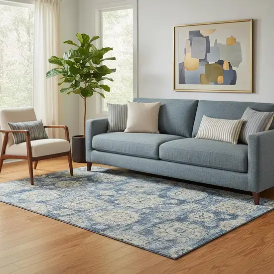 Blue Ivory And Gold Floral Washable Area Rug With UV Protection Photo 1