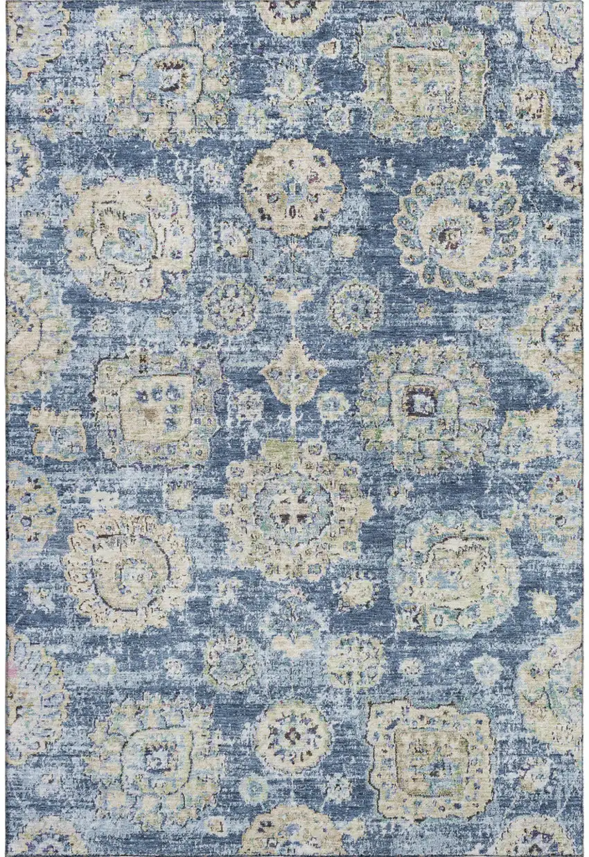 Blue Ivory And Gold Floral Washable Area Rug With UV Protection Photo 1