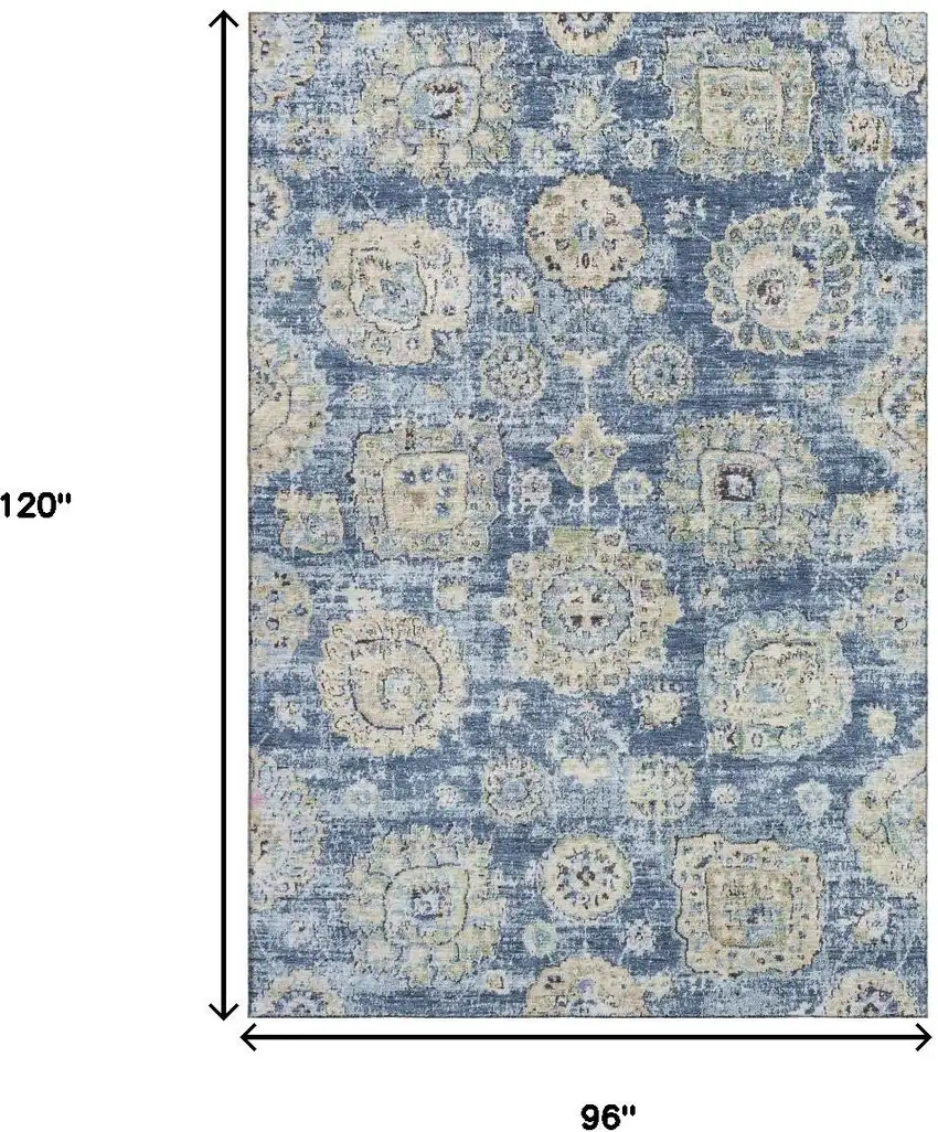 Blue Ivory And Gold Floral Washable Area Rug With UV Protection Photo 3