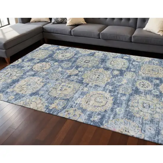 Blue Ivory And Gold Floral Washable Area Rug With UV Protection Photo 2
