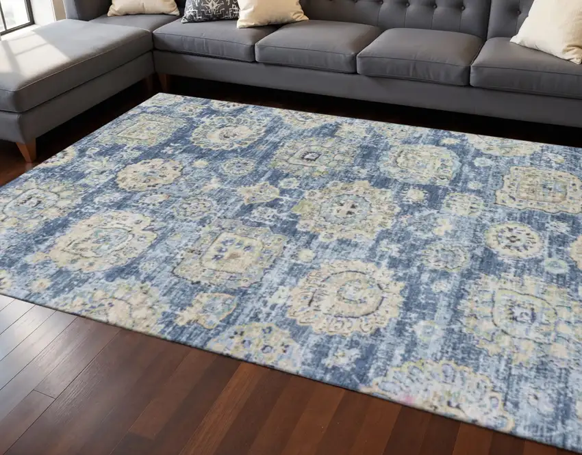 Blue Ivory And Gold Floral Washable Area Rug With UV Protection Photo 2