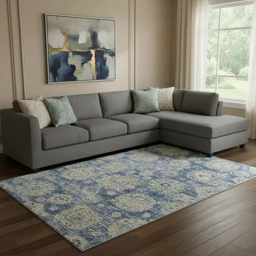 Blue Ivory And Gold Floral Washable Area Rug With UV Protection Photo 1