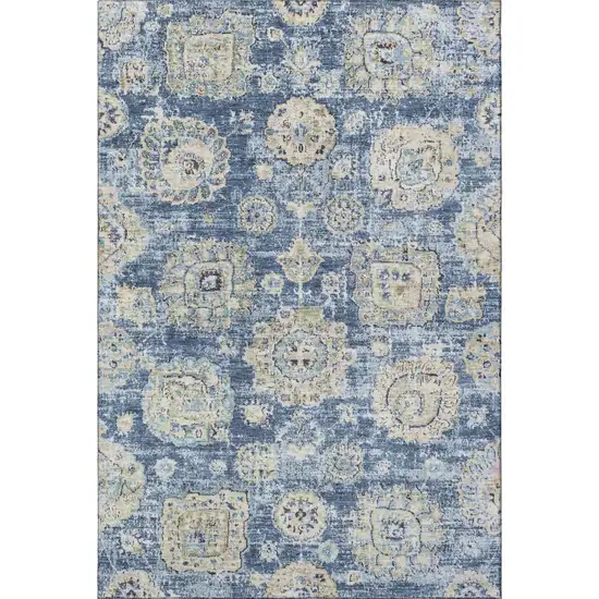 Blue Ivory And Gold Floral Washable Area Rug With UV Protection Photo 4