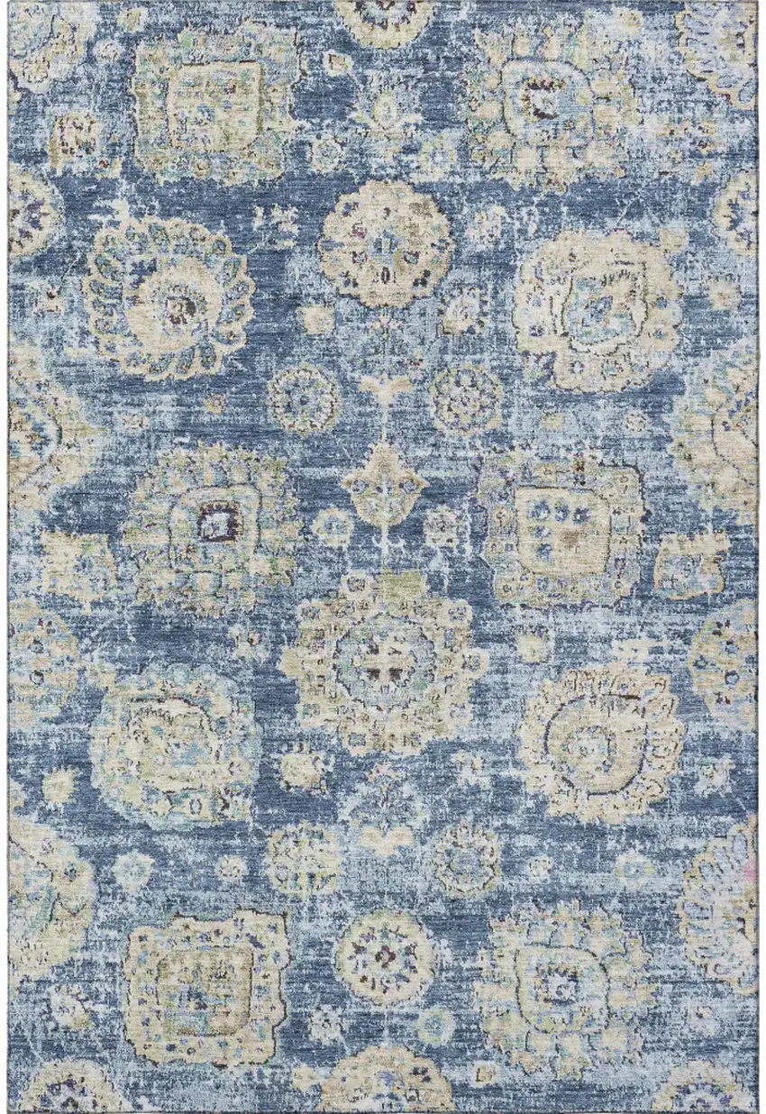 Blue Ivory And Gold Floral Washable Area Rug With UV Protection Photo 4