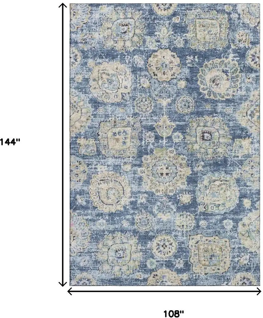 Blue Ivory And Gold Floral Washable Area Rug With UV Protection Photo 3