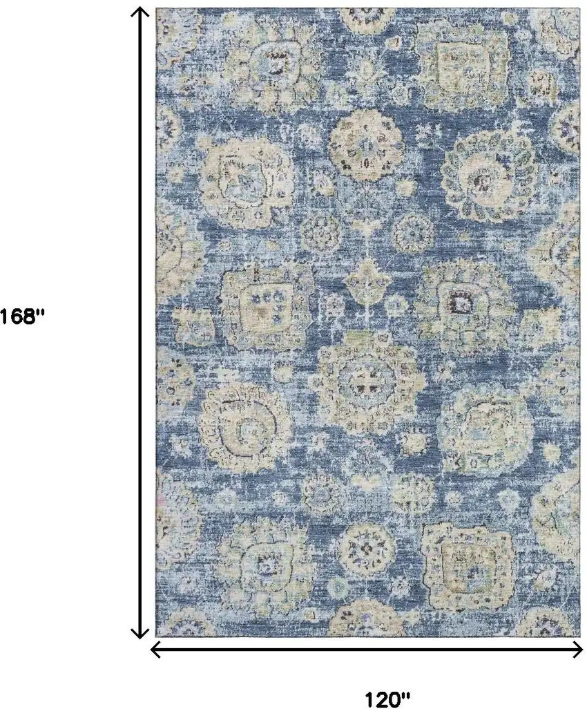 Blue Ivory And Gold Floral Washable Area Rug With UV Protection Photo 3