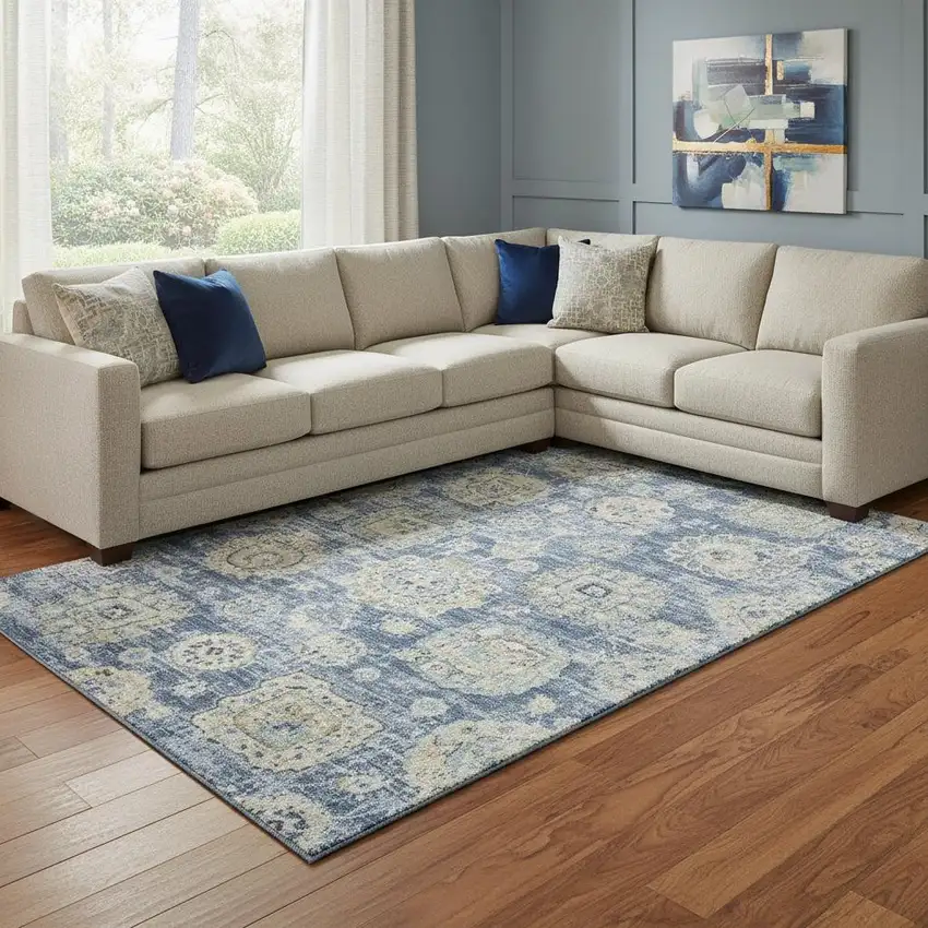 Blue Ivory And Gold Floral Washable Area Rug With UV Protection Photo 1