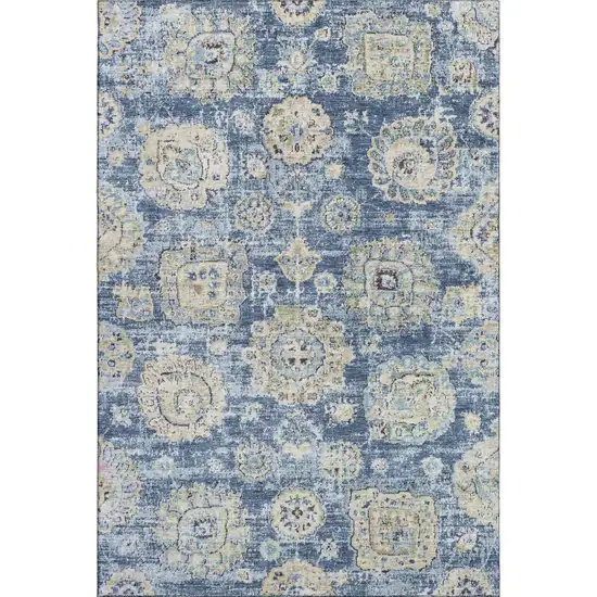 Blue Ivory And Gold Floral Washable Area Rug With UV Protection Photo 1
