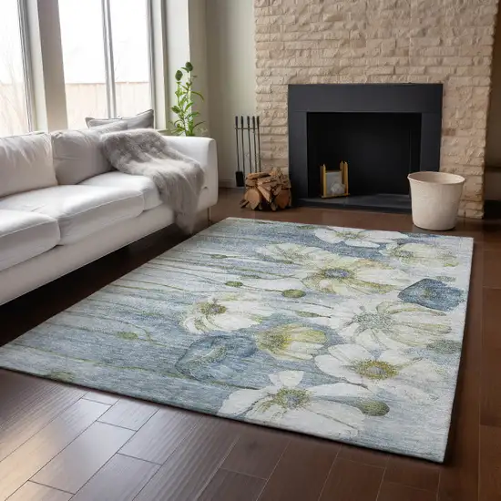 Blue Ivory And Gold Floral Washable Area Rug With UV Protection Photo 6