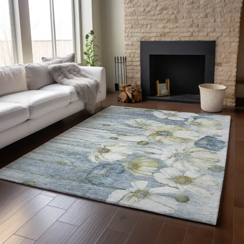 Blue Ivory And Gold Floral Washable Area Rug With UV Protection Photo 6