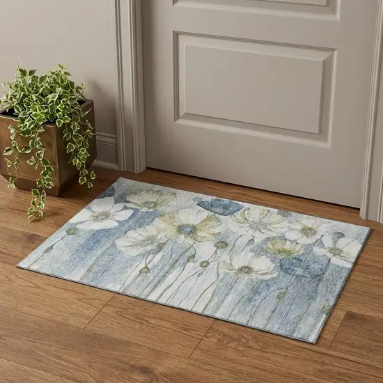 Blue Ivory And Gold Floral Washable Area Rug With UV Protection Photo 1