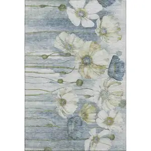 Photo of Blue Ivory And Gold Floral Washable Area Rug With UV Protection