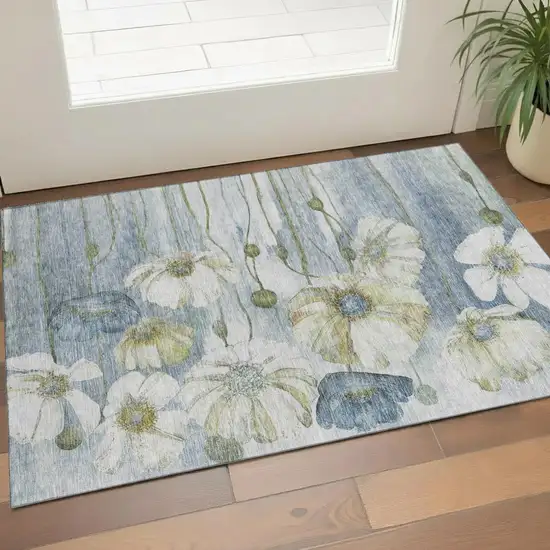 Blue Ivory And Gold Floral Washable Area Rug With UV Protection Photo 1