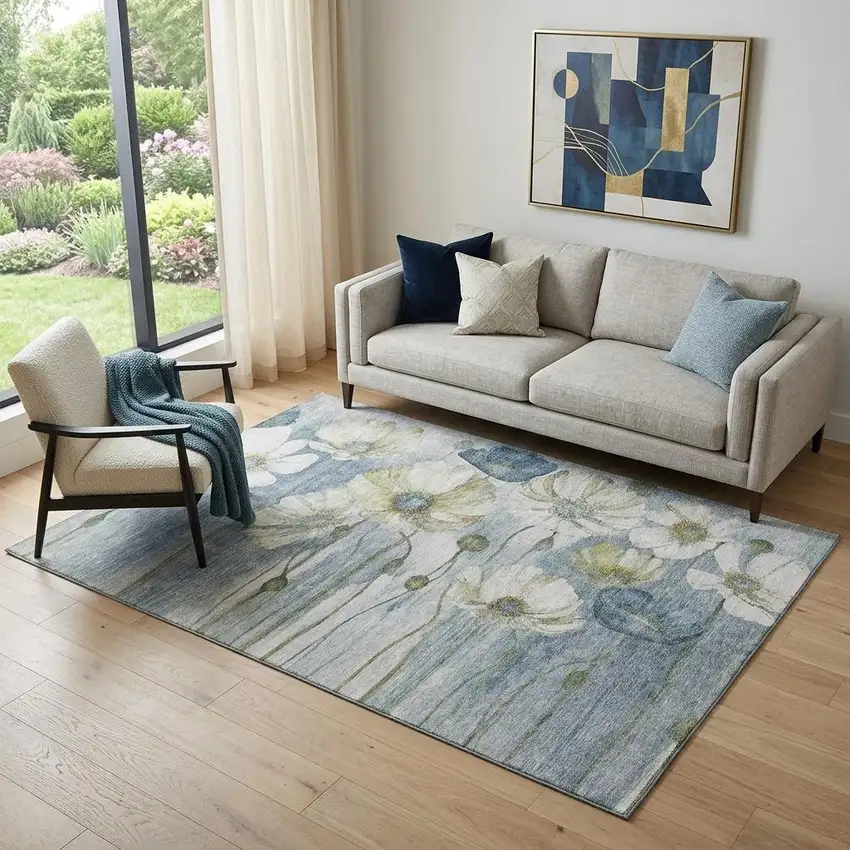 Blue Ivory And Gold Floral Washable Area Rug With UV Protection Photo 1