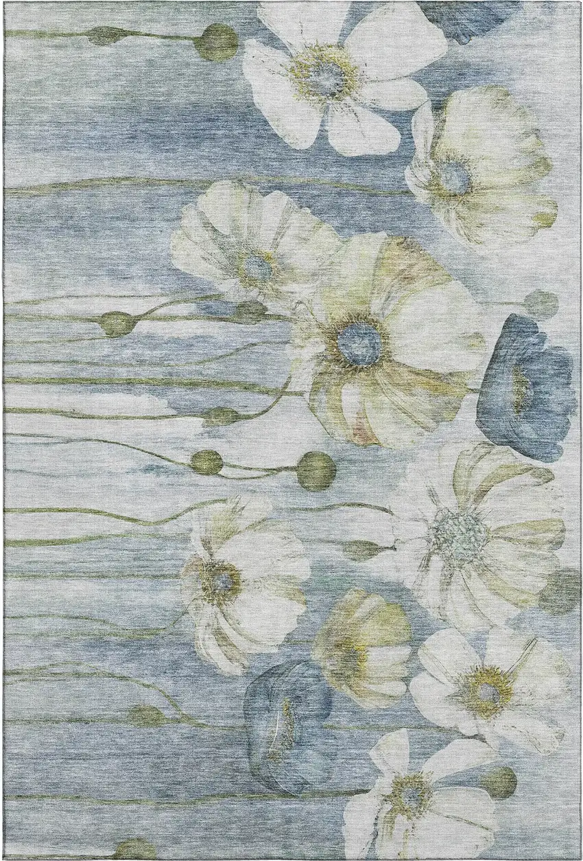 Blue Ivory And Gold Floral Washable Area Rug With UV Protection Photo 2