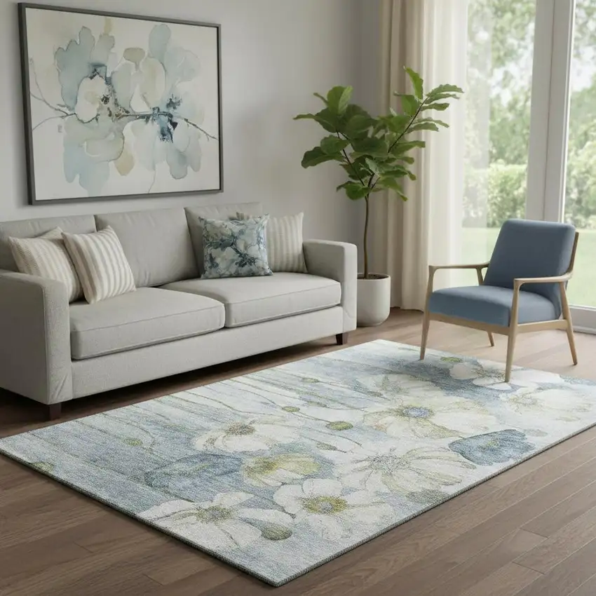 Blue Ivory And Gold Floral Washable Area Rug With UV Protection Photo 1