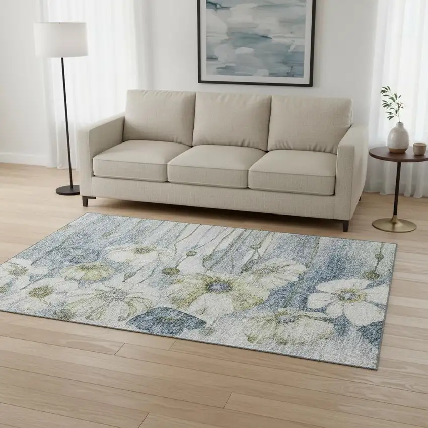Blue Ivory And Gold Floral Washable Area Rug With UV Protection Photo 1