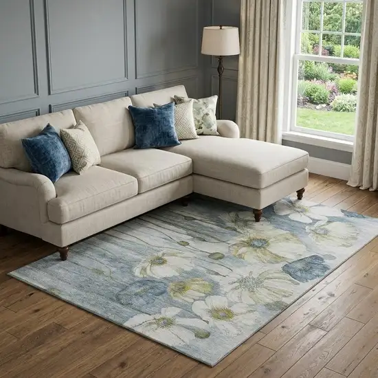Blue Ivory And Gold Floral Washable Area Rug With UV Protection Photo 1