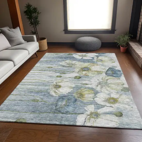 Blue Ivory And Gold Floral Washable Area Rug With UV Protection Photo 6