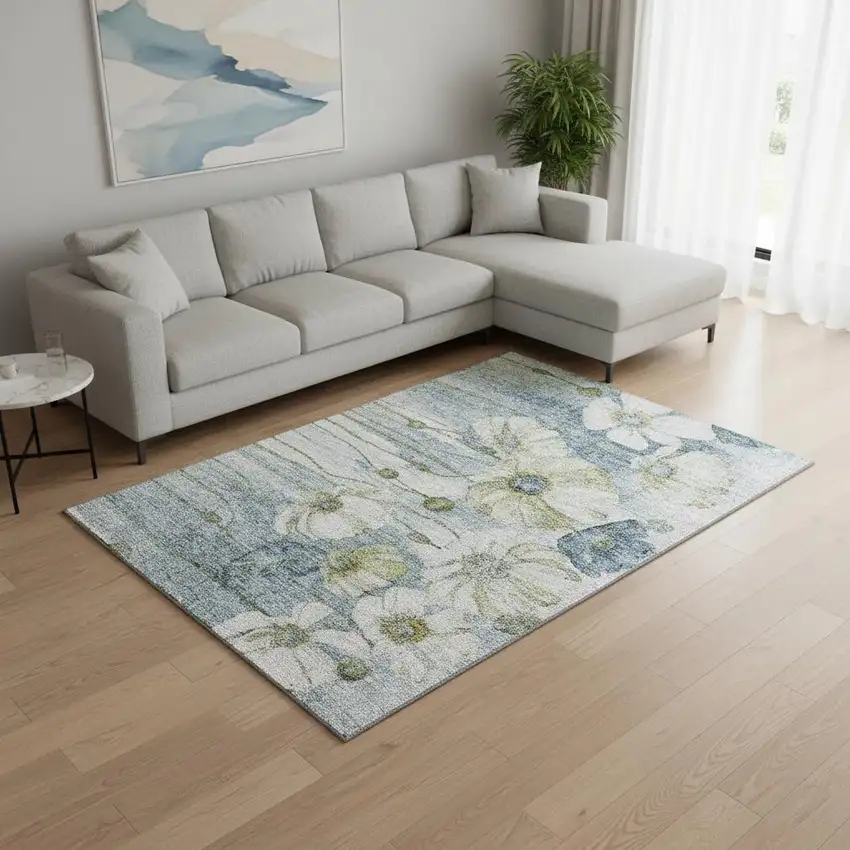 Blue Ivory And Gold Floral Washable Area Rug With UV Protection Photo 1