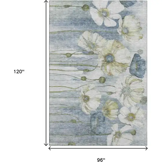Blue Ivory And Gold Floral Washable Area Rug With UV Protection Photo 3
