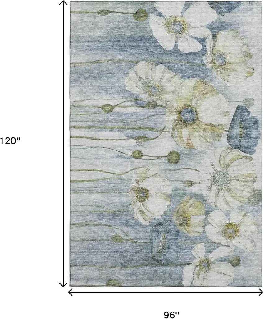 Blue Ivory And Gold Floral Washable Area Rug With UV Protection Photo 3