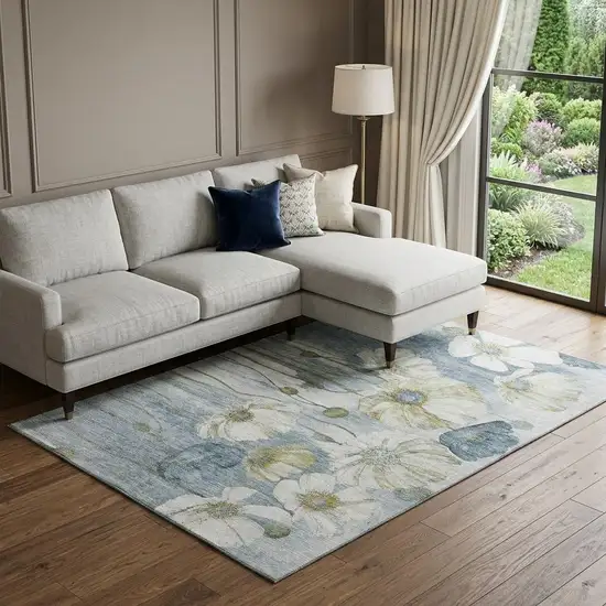 Blue Ivory And Gold Floral Washable Area Rug With UV Protection Photo 1