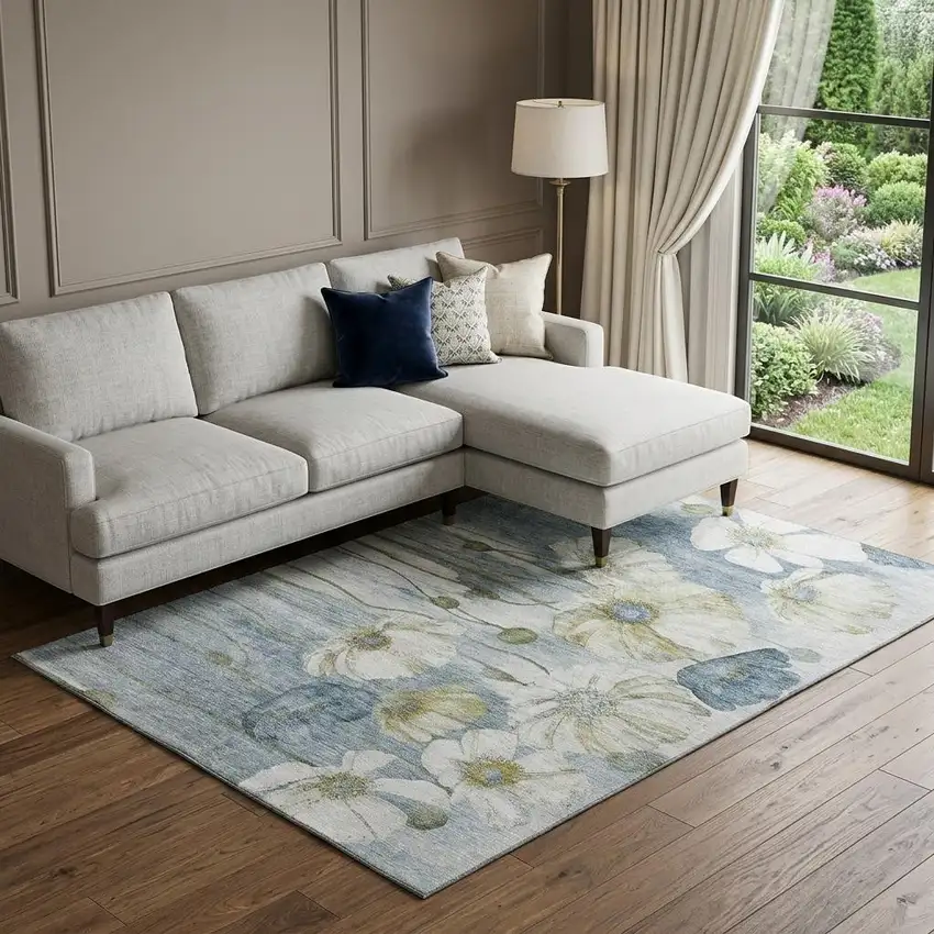 Blue Ivory And Gold Floral Washable Area Rug With UV Protection Photo 1