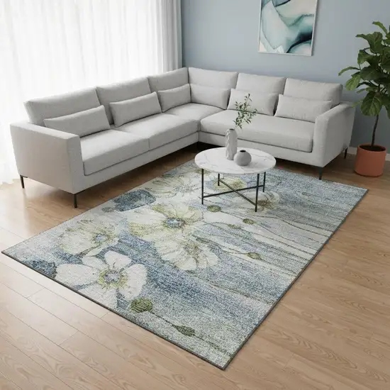 Blue Ivory And Gold Floral Washable Area Rug With UV Protection Photo 1