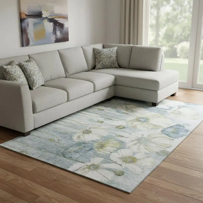 Blue Ivory And Gold Floral Washable Area Rug With UV Protection Photo 1
